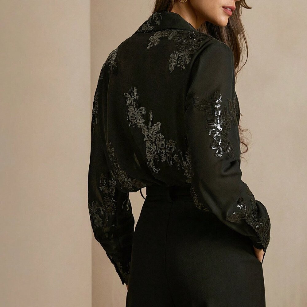 Black Elegant Women's French Rose Beaded Embroidery Semi-Sheer Blouse - Picture 2 of 7